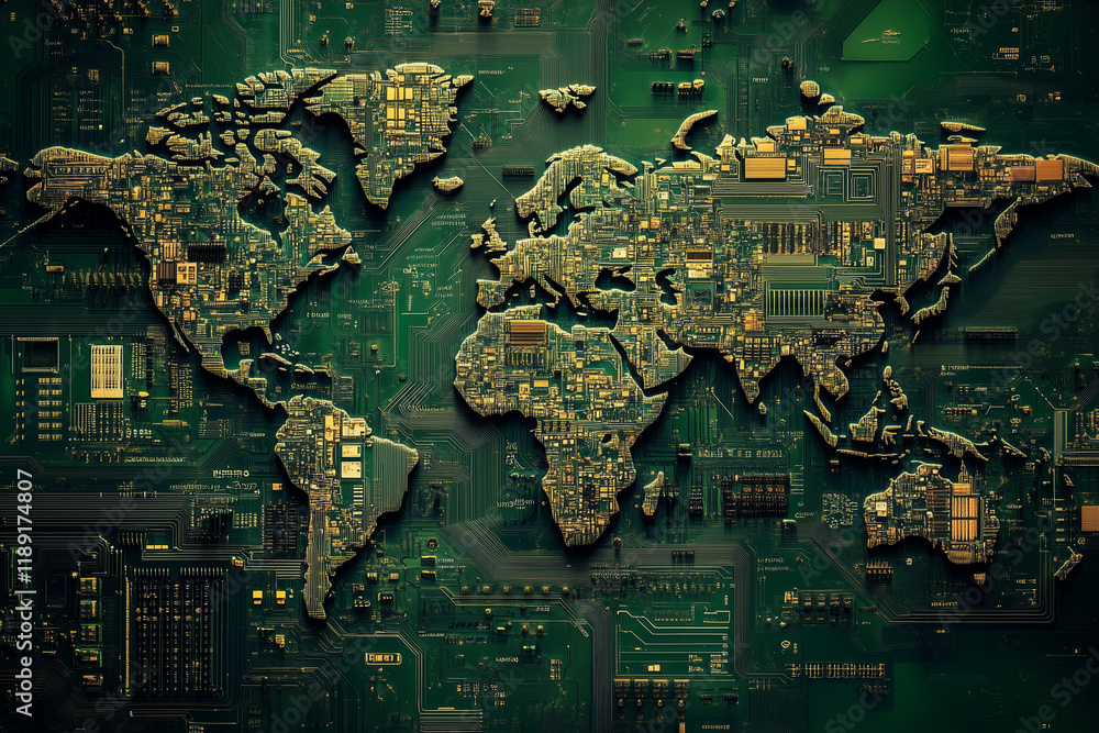 Poster computer chip of the world with a green background. the computer chip is made up of many small squar