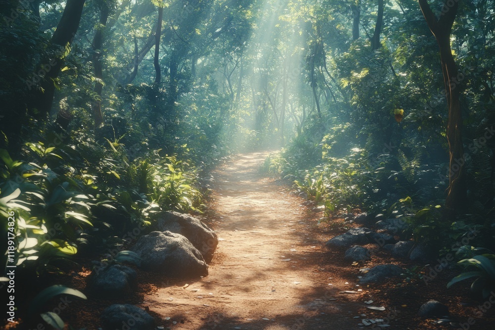 Poster sunlight filters through trees, illuminating path in a tranquil tropical forest, creating a magical 