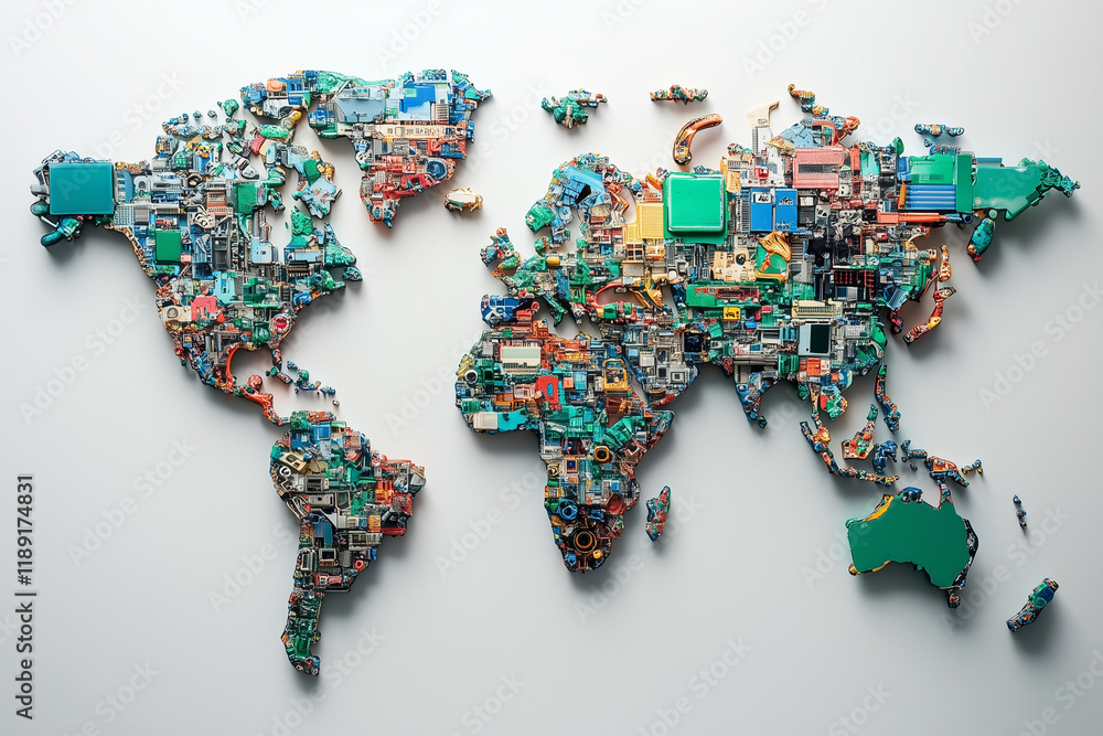 Poster computer chip map of the world. the map is made of many different colored computer chips. the map is