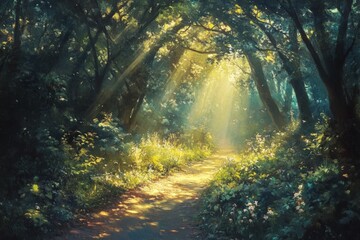 Golden sunlight filters through trees, creating a magical atmosphere along a tranquil forest path