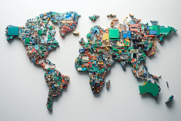  computer chip map of the world. The map is made of many different colored computer chips. The map is very colorful and interesting to look at