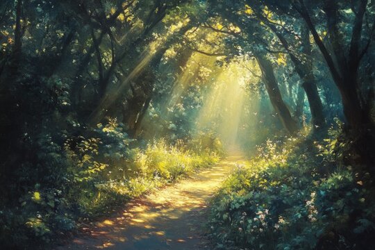 Golden sunlight filters through trees, creating a magical atmosphere along a tranquil forest path