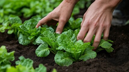 Gardening expertise in action: hands tending to lush green vegetables in a vibrant outdoor setting, perfect for home and community gardening inspiration