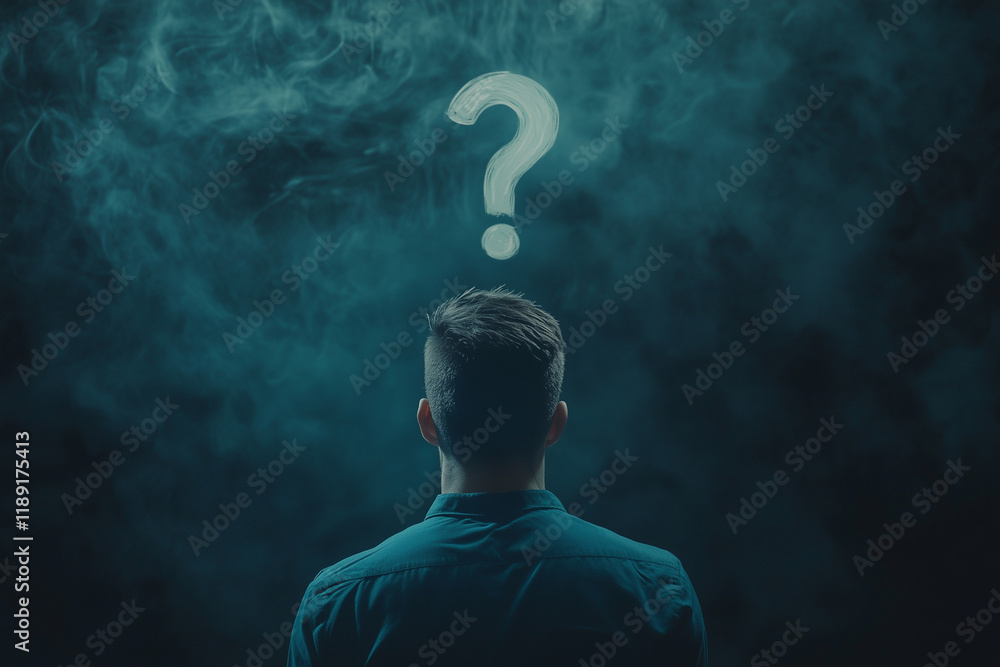 Poster man is standing in front of a wall of smoke with a question mark on his head. concept of confusion a