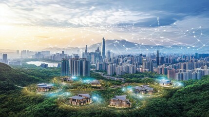 Obraz premium Smart city aerial view showcasing futuristic technology integrated with nature and residential areas.
