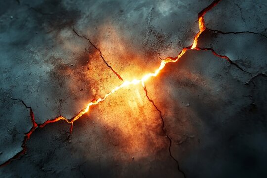 Deep crack splitting the ground open, revealing incandescent magma flowing from within the earth