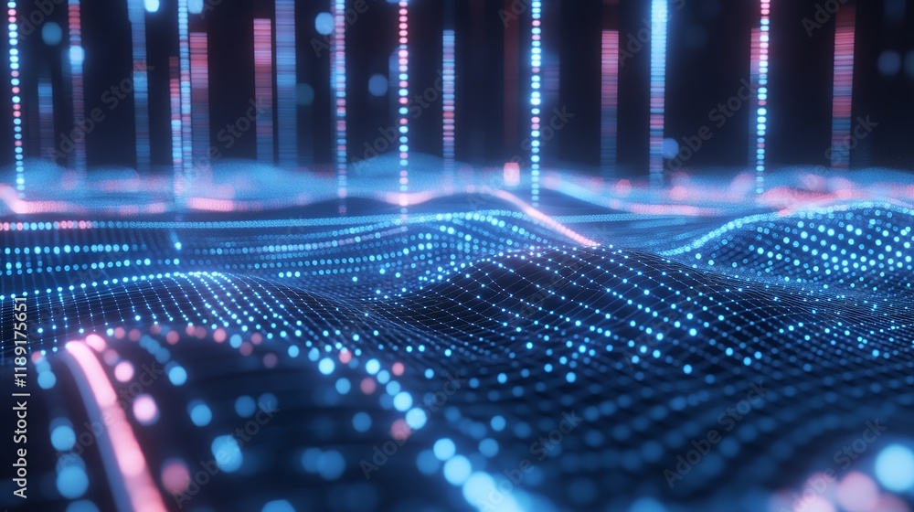 Poster abstract digital waveform glowing blue and pink data network visualization