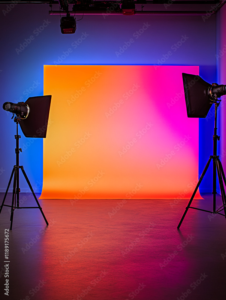 Poster professional photography studio setup with vibrant gradient background