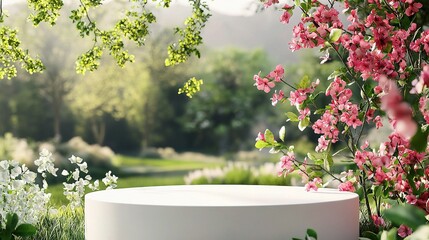3D Podium Display with Spring Flowers and Greenery in Nature