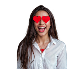 woman with red hearts on the eyes - love expression