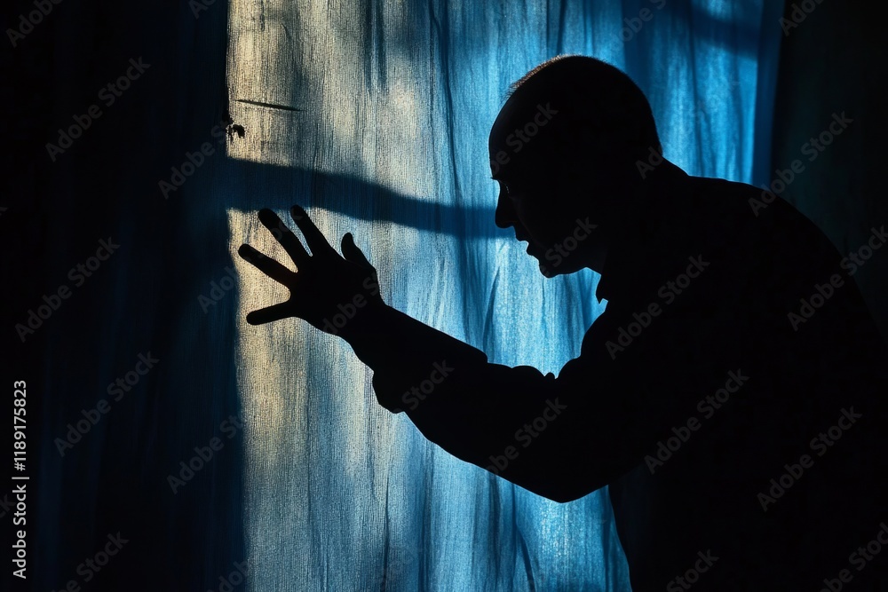 Poster silhouette of a man reaching for a window with curtains in a dark room, creating a dramatic and myst