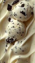 Fototapeta premium Gourmet melting cookies and cream ice cream with chocolate chunks in creamy white texture for dessert inspiration