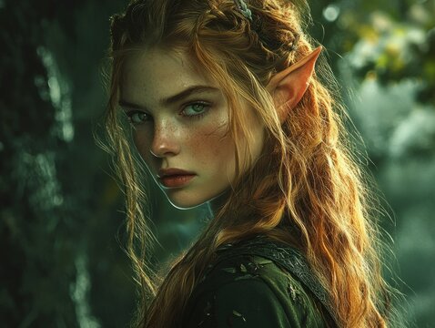 Close-up portrait of a captivating forest elf with pointed ears, adorned with golden freckles and ethereal beauty