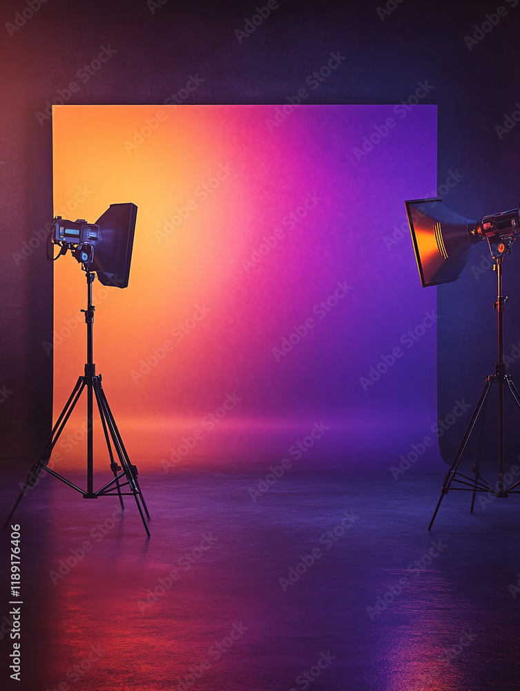 Poster photography studio with vibrant gradient backdrop and lighting setup
