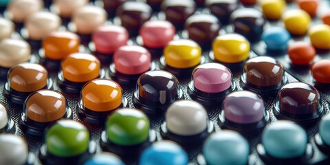 Row of colorful pills are lined up in a row