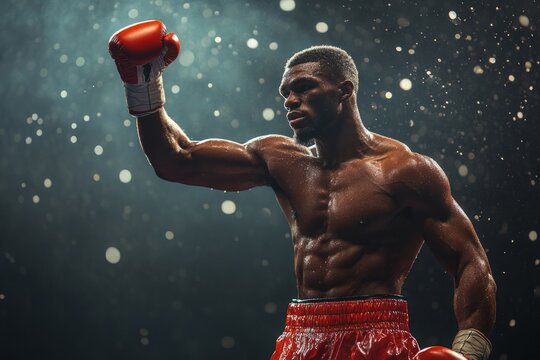 Powerful, sweaty boxer raising his gloved hand in victory after winning a boxing match, celebrating with the crowd