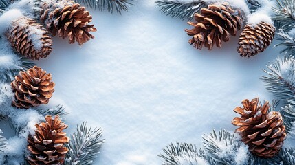 Naklejka premium Snowy winter background with pine cones and evergreen branches for seasonal decor