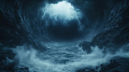 Obraz premium Turbulent Ocean Waves Crashing Against Dark Rocky Coast During a Powerful Storm