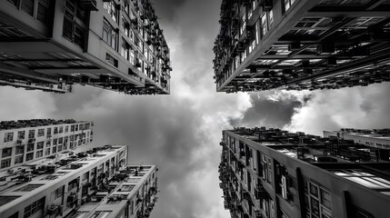 Fototapeta premium Four towering buildings reach for a cloudy sky