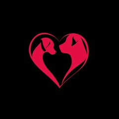 Red heart-shaped dog silhouettes, love, pet adoption, dark background, logo design