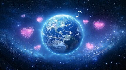 Obraz premium Planet Earth in a Starry Universe Surrounded by Hearts and Musical Notes, Celebrating Global Love, Harmony, and Artistic Inspiration, Generative AI