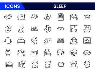 Sleep line icon set. Sleeping person, sleep, night rest, bed, pillow, sleeping pills, earplugs, moon, lullaby, bedtime story and more. Vector pictogram collection.