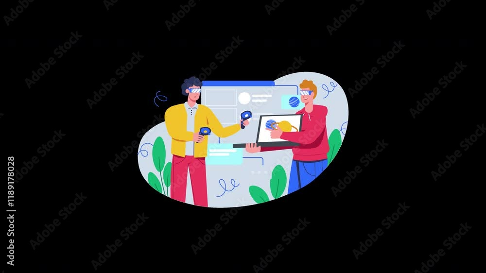 Poster two diverse characters collaborating on a digital project with technology tools.
