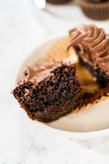 Chocolate Cupcake Sliced in Half on Kitchen Counter