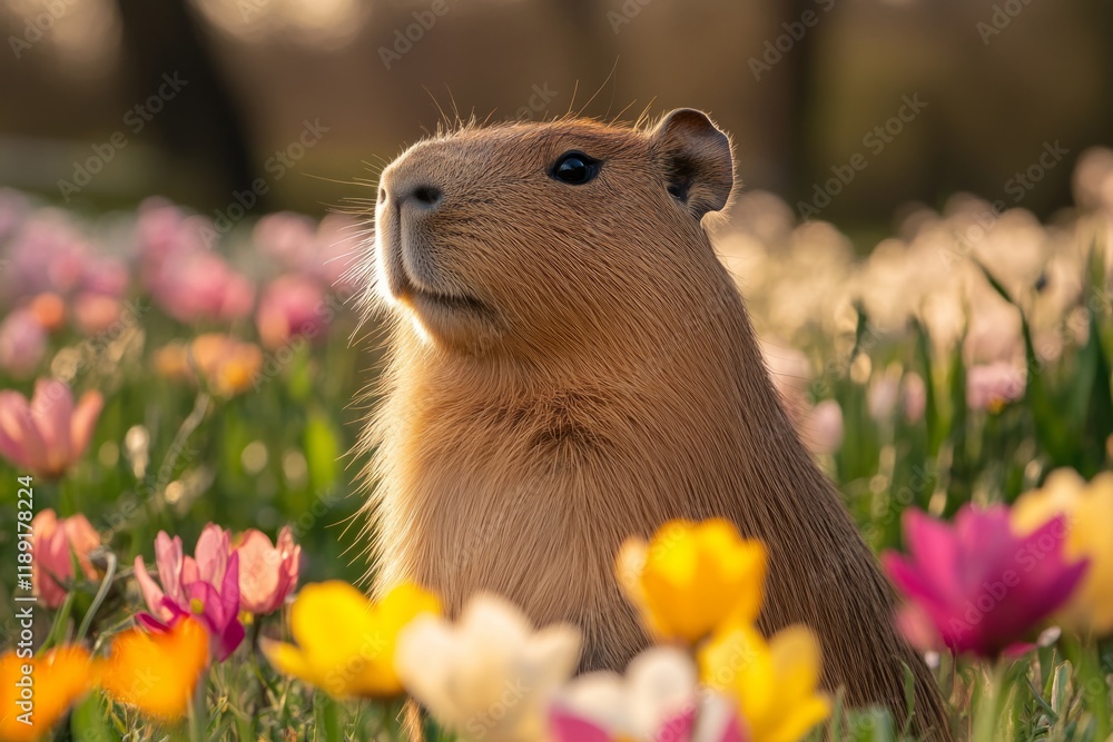 Poster adorable capybara enjoying the warm sunset light in a vibrant tulip field, creating a charming sprin