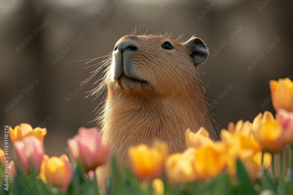 Poster adorable capybara enjoying the warm sunset light in a vibrant tulip field, creating a charming sprin