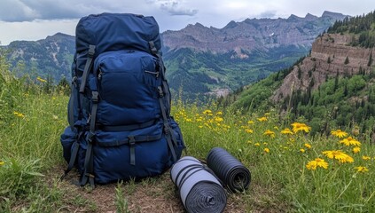 A large blue backpack rests on a grassy hillside surrounded by wildflowers and mountains. A rolled sleeping mat is attached, showcasing a perfect setup for outdoor journeys.