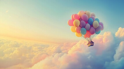 Fototapeta premium Whimsical Floating House Suspended by Colorful Balloons in a Dreamlike Sky, Symbolizing Freedom, Adventure, and Imaginative Journeys, Generative AI