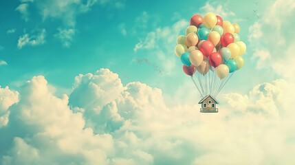 Fototapeta premium Whimsical Floating House Suspended by Colorful Balloons in a Dreamlike Sky, Symbolizing Freedom, Adventure, and Imaginative Journeys, Generative AI