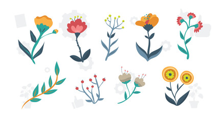 Vector set of tropical leaves. Palm, banana leaf, hibiscus, plumeria flowers.