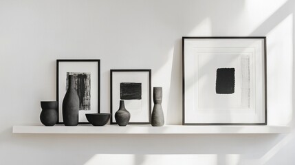 A clean, white wall displaying framed black-and-white abstract art.