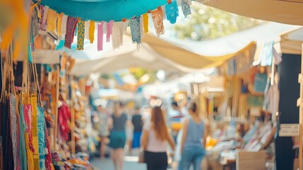 Obraz premium Colorful market stall showcasing handmade crafts shoppers browsing amidst bustling outdoor bazaar