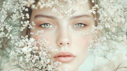 Ethereal Beauty with Pastel Flowers and Muted Tones in Background