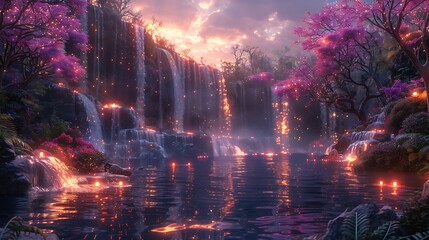 Obraz premium An enchanted valley surrounded by glowing waterfalls and floating islands.