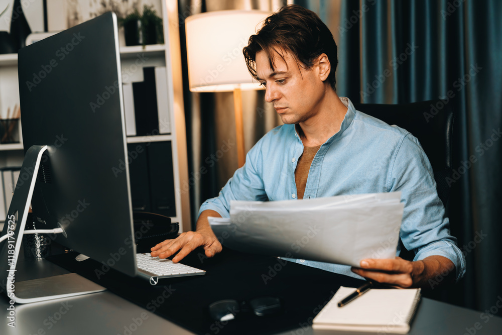 Poster smart businessman typing with keyboard on monitor with business paragraph dynamic data marketing ana