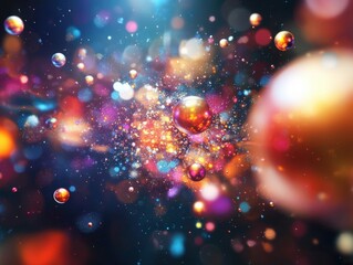 colorful abstract space art background with spheres and glitter