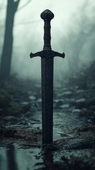 Naklejka premium Mysterious ancient sword piercing the damp earth in a foggy forest setting