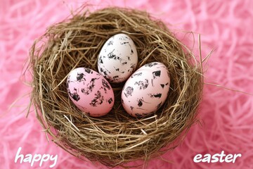 Obraz premium Easter eggs nest decoration resting on pink fur background