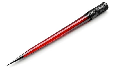 Red liquid-filled pointed dagger isolated on white.