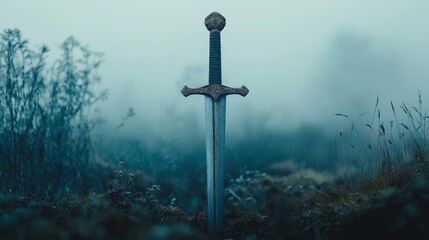 Naklejka premium Mystical ancient sword in enchanting misty meadow for fantasy adventures and imaginary quest themes
