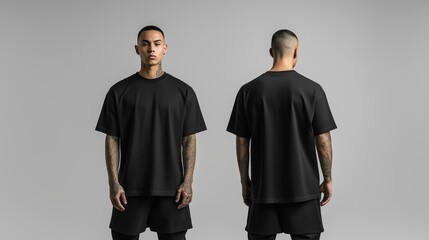 Oversized black t-shirt fashion apparel mockup displayed front and back for design and branding