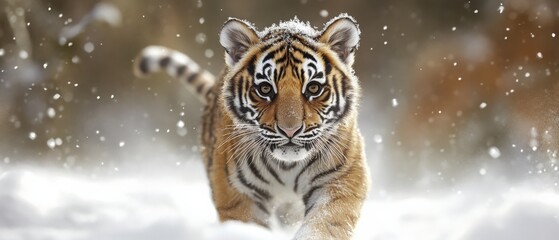 a tiger cub walking in the snow
