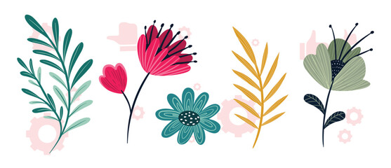 Vector set of tropical leaves. Palm, banana leaf, hibiscus, plumeria flowers. © Creativeactive