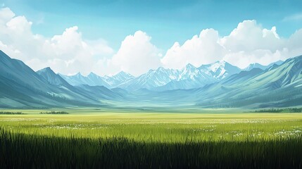Obraz premium Expansive Panoramic View of a Peaceful Green Spring Landscape