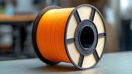 close up of spool of orange filament, showcasing its vibrant color and smooth texture, ideal for 3D printing and crafting projects