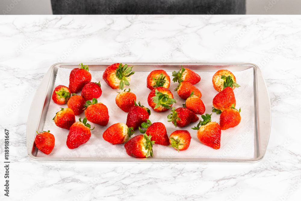 Wall mural Washed Strawberries Drying on a Paper Towel-Lined Baking Sheet